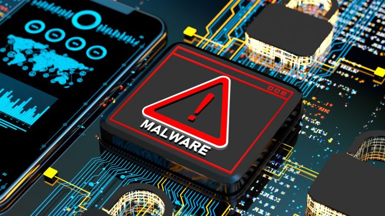 Malware Detected Warning Screen with abstract binary code 3d digital concept