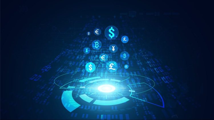Abstract Digital Hologram DeFi Decentralized Finance Blockchain, cryptocurrency and bitcoin, online, internet transaction Futuristic.