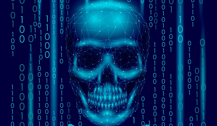 Jolly roger skull binary code numbers. Hacker piracy computer online attack alert. Scary warning hacking safety data security. Low poly polygonal triangle particle line 3d render vector illustration
