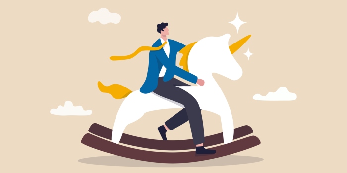 Unicorn start up, winner creative idea to earn money and make profit in real life concept, smart success businessman company founder or billionaire investor riding unicorn rocking horse into the sky.